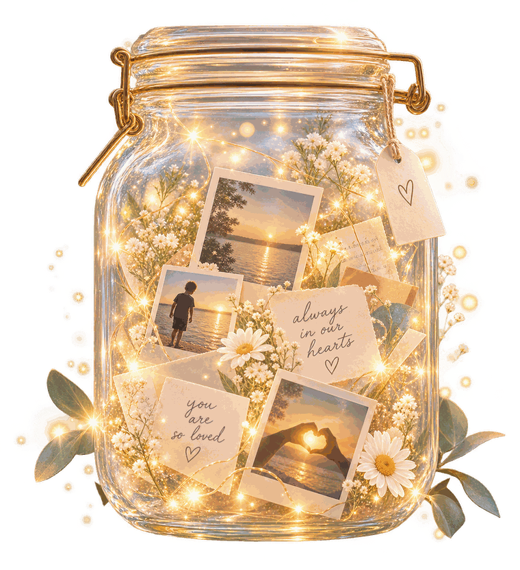 A glowing memory jar filled with photographs and handwritten memories